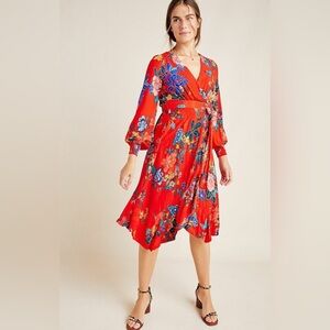Anthropologie Boswell Red Floral Wrap Midi Dress, Lined with Pockets Bow, Size 2